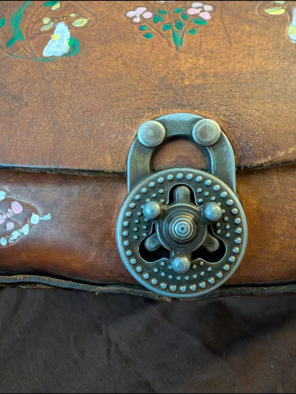Vintage 1970s Brown Floral Hand-Painted Leather Bag